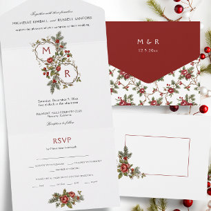 Elegantes Vintage-Weihnachts-Winter-Blumen-Monogra All In One Einladung