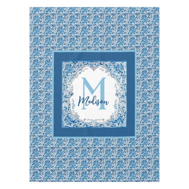 Elegantes Vintages Aqua Blau-Gelb-Monogramm Tischdecke (Vorderseite)