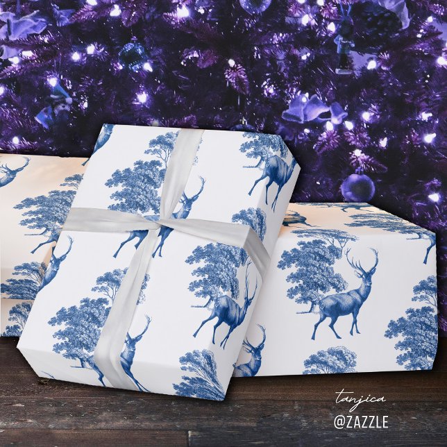 Elegantes Vintages Blaues Hirsch Geschenkpapier (Von Creator hochgeladen)
