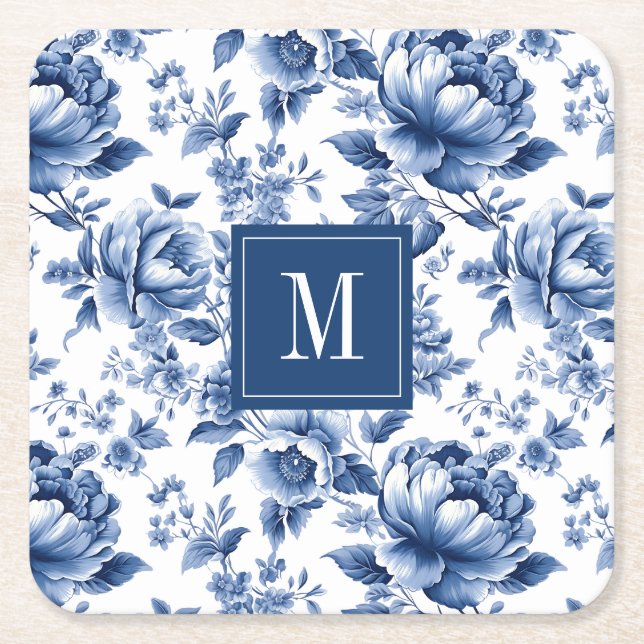 Elegantes Vintages Blue Floral Monogramm Rechteckiger Pappuntersetzer (Vorderseite)