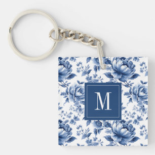 Elegantes Vintages Blue Floral Monogramm Schlüsselanhänger