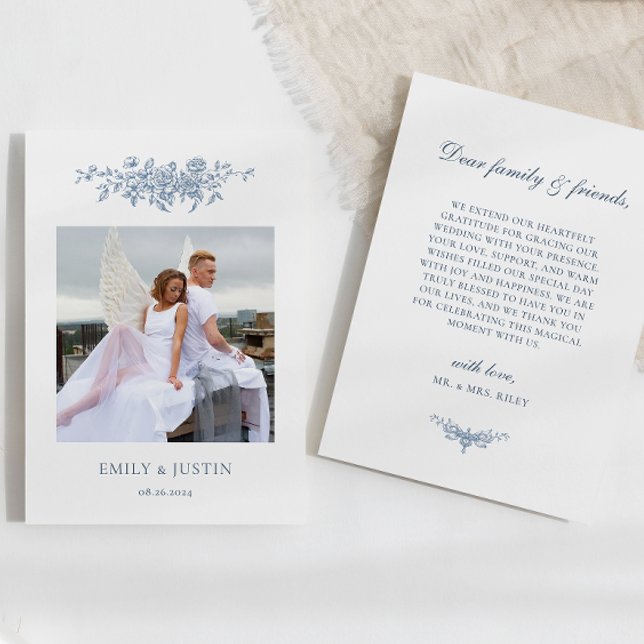 Elegantes Vintages Blumenblauer Foto Hochzeit Dankeskarte (Von Creator hochgeladen)