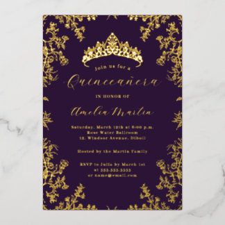 Elegantes Vintages Blumengold Lila Quinceanera Folieneinladung