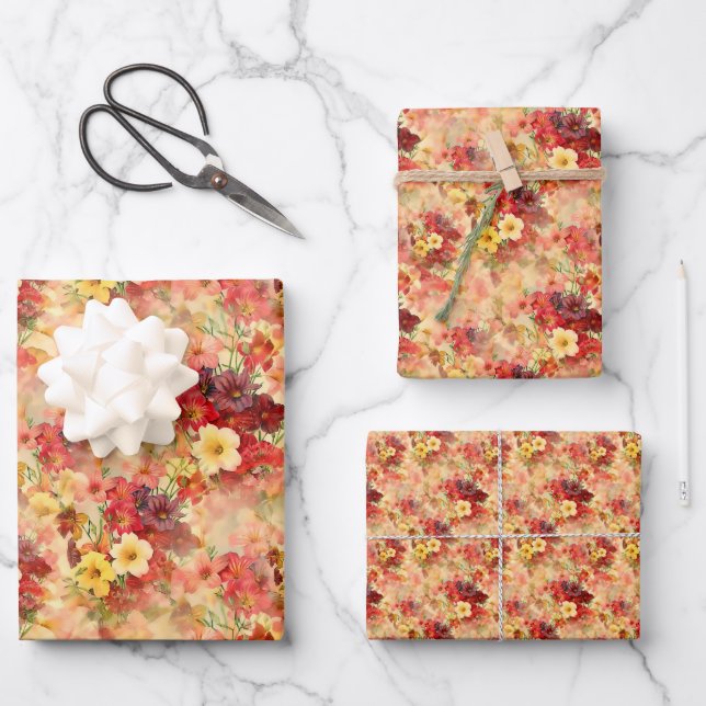 Elegantes Vintages Blumenmotiv Geschenkpapier Set (Vorderseite)