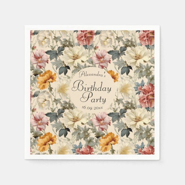 Elegantes Vintages Blumenmuster Geburtstag Serviette (Vorderseite)