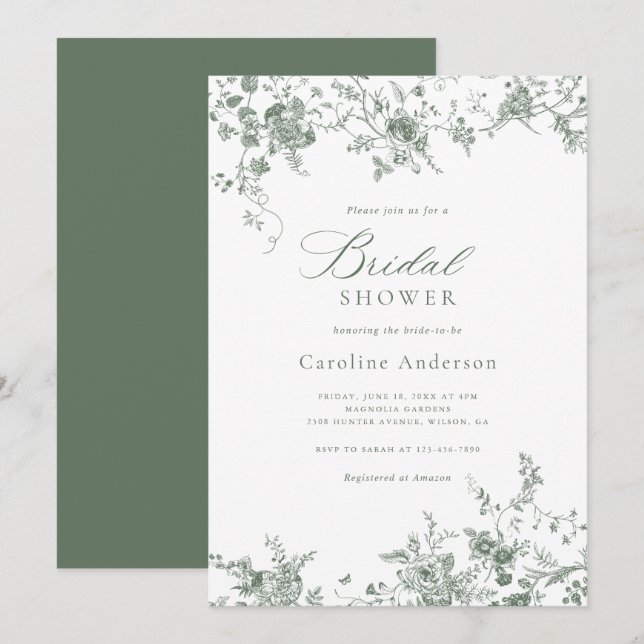 Elegantes, Vintages Brautparty mit Blumenmuster Einladung (Vorne/Hinten)