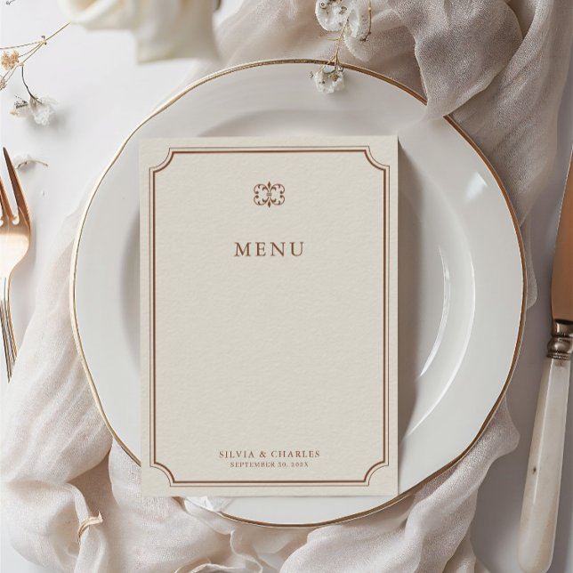Elegantes Vintages Brown & Ecru Classic Wedding Me Menükarte (Elegant Vintage Brown & Ecru Classic Wedding Menu)