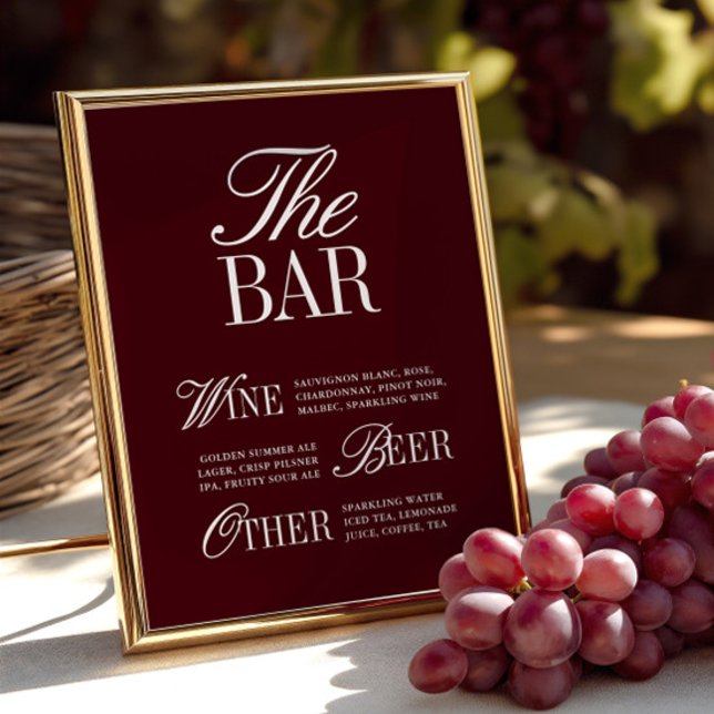 Elegantes Vintages Burgundy Bar Menu Wedding Sign (Elegant Vintage Burgundy Bar Menu Wedding Sign)