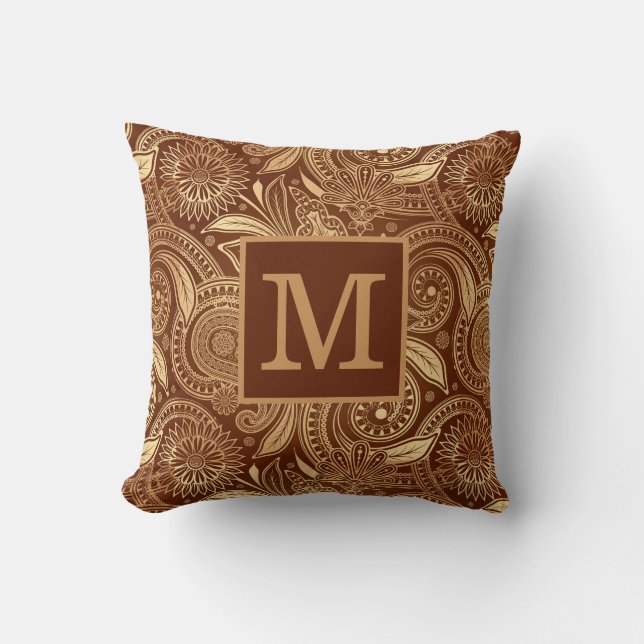 Elegantes Vintages Burgundy Gold Paisley Monogram Kissen (Vorderseite)