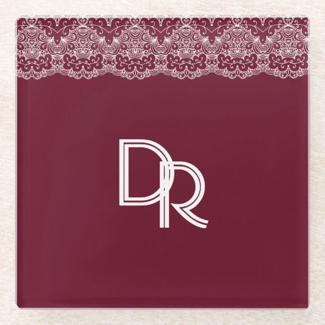 Elegantes Vintages Burgundy Maroon White Lace Glasuntersetzer (Vorderseite)