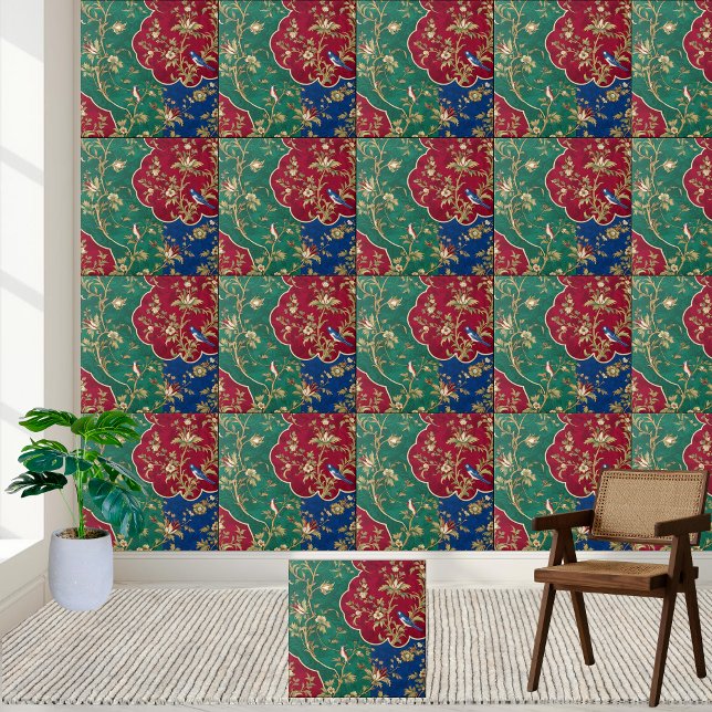Elegantes Vintages Chinoiserie Bird & Floral Muste Fliese (Elegant Vintage Chinoiserie Bird & Floral Pattern Ceramic Tile)