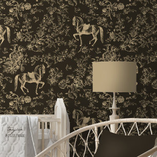 Elegantes Vintages Cream Brown Horse Floral Muster Tapete