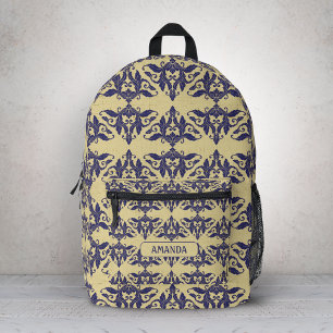 Elegantes Vintages Damastenschiff Blaugelbes Monog Bedruckter Rucksack