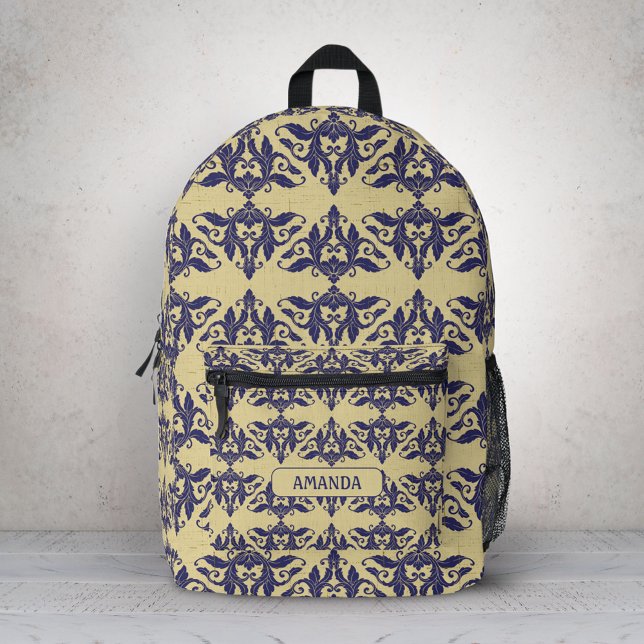 Elegantes Vintages Damastenschiff Blaugelbes Monog Bedruckter Rucksack (Von Creator hochgeladen)