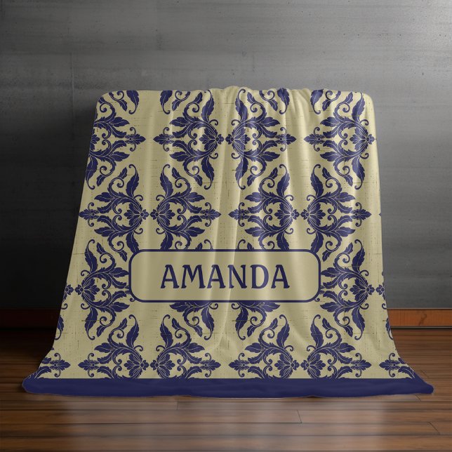 Elegantes Vintages Damastenschiff Blaugelbes Monog Fleecedecke (Von Creator hochgeladen)