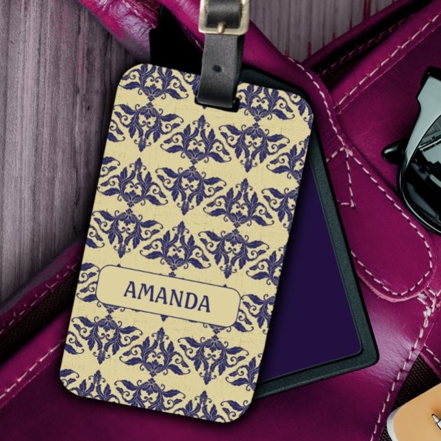 Elegantes Vintages Damastenschiff Blaugelbes Monog Gepäckanhänger (Von Creator hochgeladen)