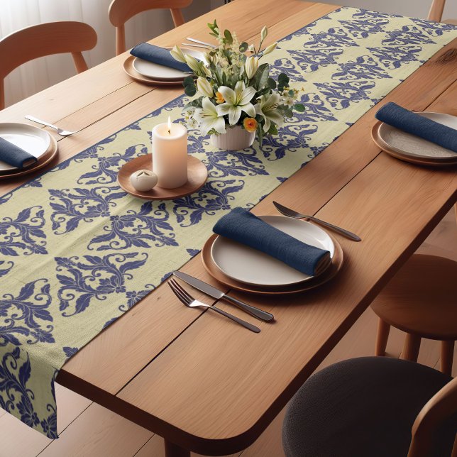 Elegantes Vintages Damastenschiff Blaugelbes Monog Kurzer Tischläufer (Von Creator hochgeladen)