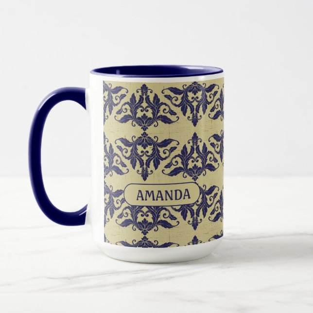 Elegantes Vintages Damastenschiff Blaugelbes Monog Tasse (Links)