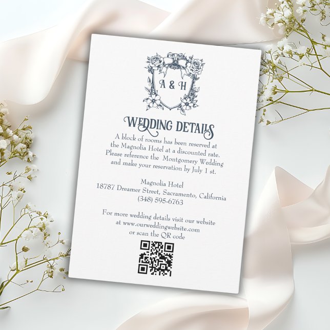 Elegantes Vintages florales Wappen Hochzeiten Deta Begleitkarte (Von Creator hochgeladen)