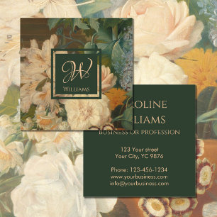 Elegantes Vintages, florenrosa grünes Monogramm Quadratische Visitenkarte