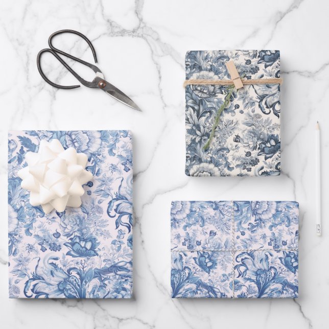 Elegantes Vintages französisches Blaues Toilmuster Geschenkpapier Set (Vorderseite)