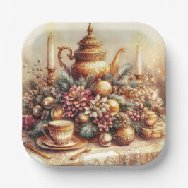 Elegantes Vintages Gold Teapot Weihnachtspapier Pl Pappteller