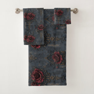 Elegantes Vintages Gotisches Muster mit Rote Rosen Badhandtuch Set