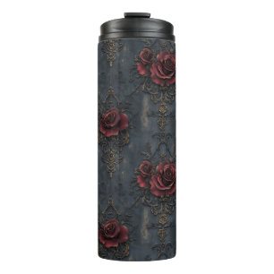 Elegantes Vintages Gotisches Muster mit Rote Rosen Thermosbecher