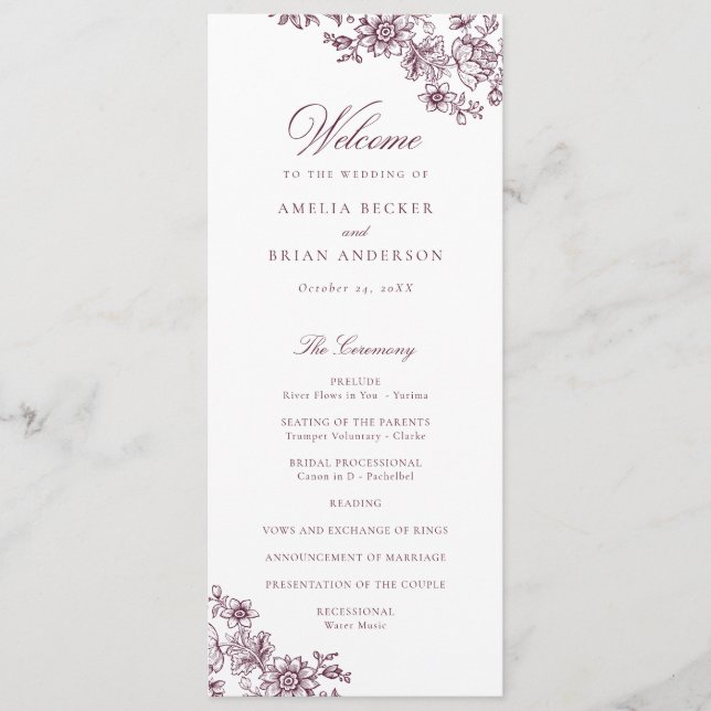 Elegantes Vintages Hochzeitsprogramm für Flora und Programm (Vorderseite)