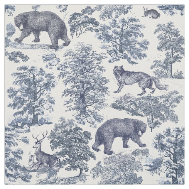 Elegantes, Vintages Holzland Animal Blue Toile Mus Stoff (Muster)
