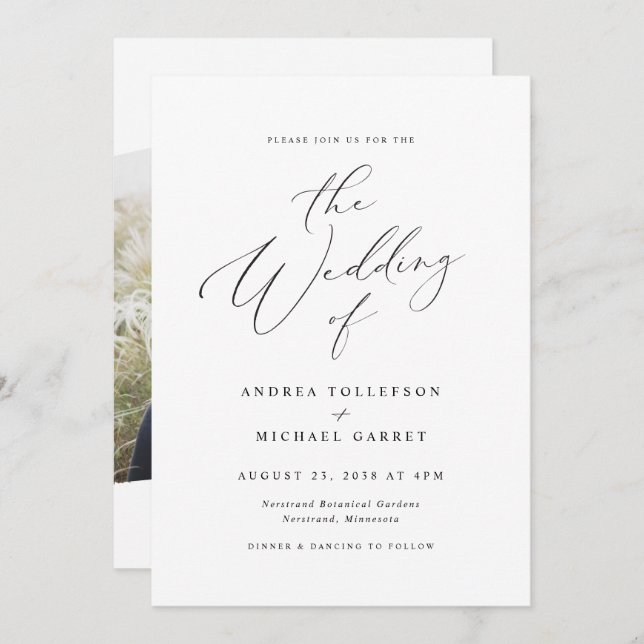 Elegantes Vintages Kalligrafie-Foto Hochzeit Einladung (Vorne/Hinten)