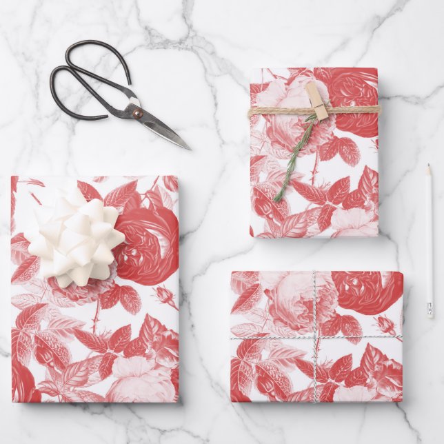 Elegantes Vintages Korallenrosa Rosen Blumenmuseum Geschenkpapier Set (Vorderseite)