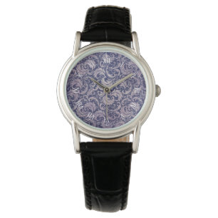 Elegantes, Vintages Lila Damask-Muster Armbanduhr