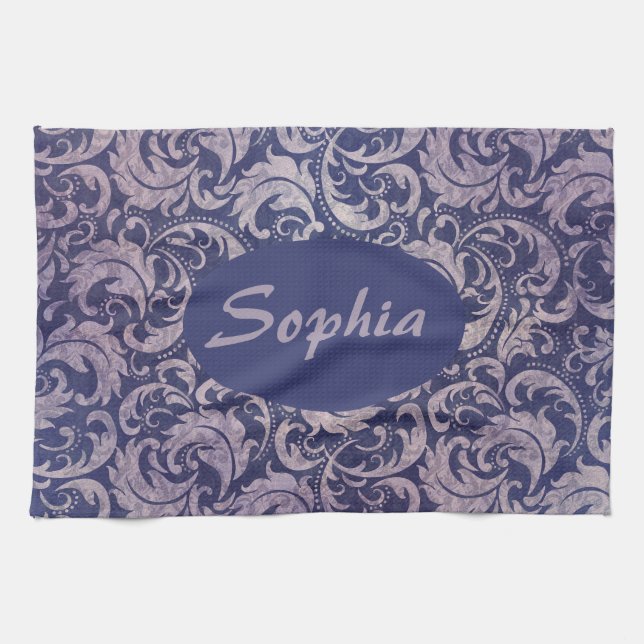 Elegantes, Vintages Lila Damask-Muster Geschirrtuch (Horizontal)