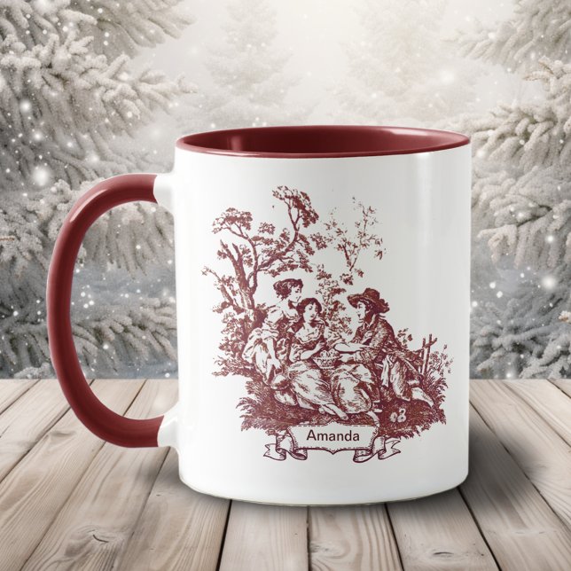 Elegantes Vintages Monogramm Rotes Jouy Tasse (Von Creator hochgeladen)