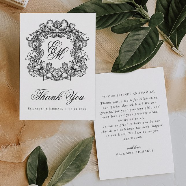 Elegantes Vintages Monogramm-Wappen Hochzeit Dankeskarte (Von Creator hochgeladen)