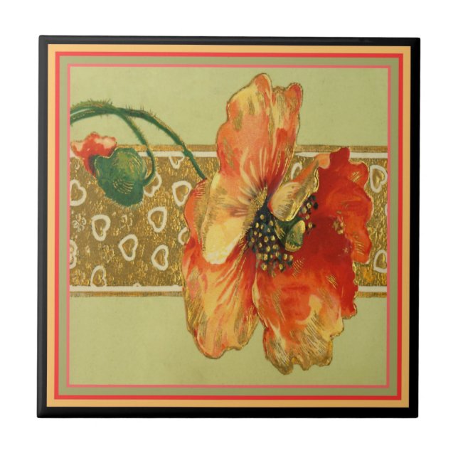 Elegantes Vintages orange Rot Poppie Fliese (Vorderseite)