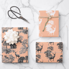 Elegantes Vintages Peach Schwarz-weiß Toile Deer W Geschenkpapier Set
