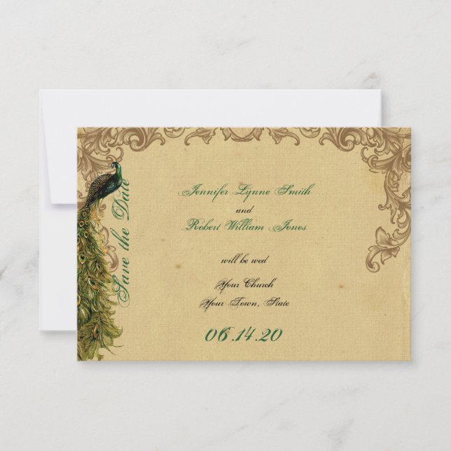 Elegantes Vintages Pfauenpfauen Hochzeit Sichern S Save The Date (Vorderseite)