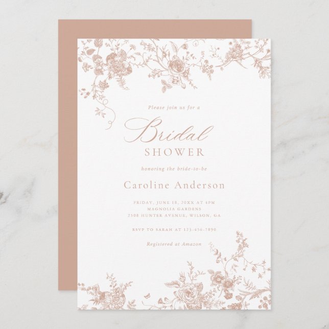 Elegantes, Vintages Rosa Brautparty mit Blumen Einladung (Vorne/Hinten)