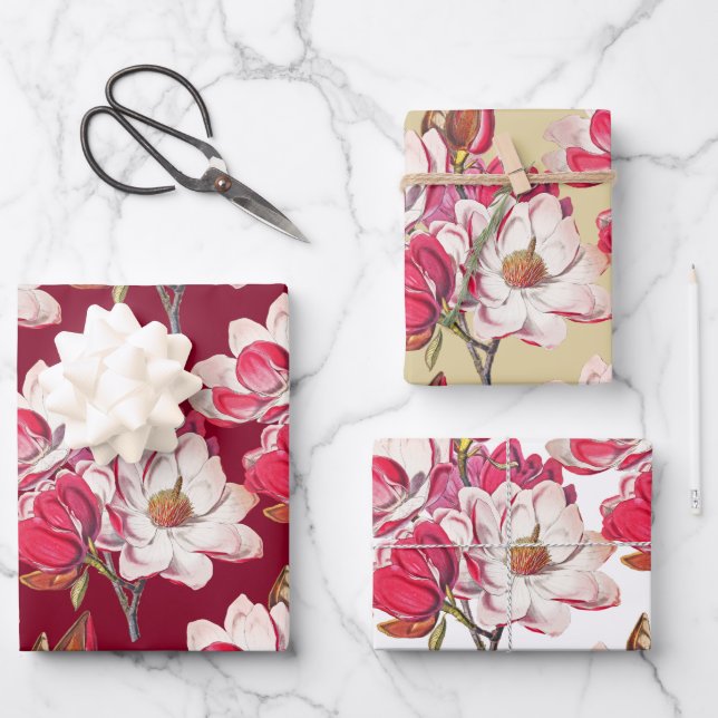 Elegantes Vintages Rosa Magnolia Geschenkpapier Set (Vorderseite)