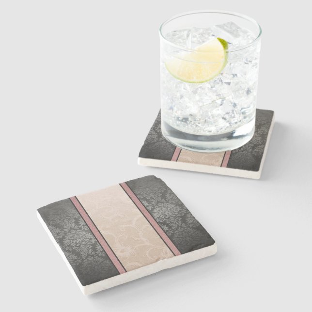 Elegantes Vintages Rosa und Grau Damask Steinuntersetzer (Seitenansicht)