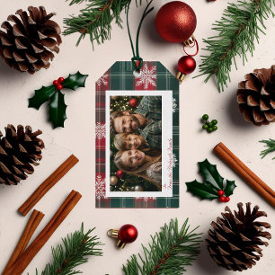 Elegantes Vintages Rot-Grün-Schneeflocken-Foto Geschenkanhänger