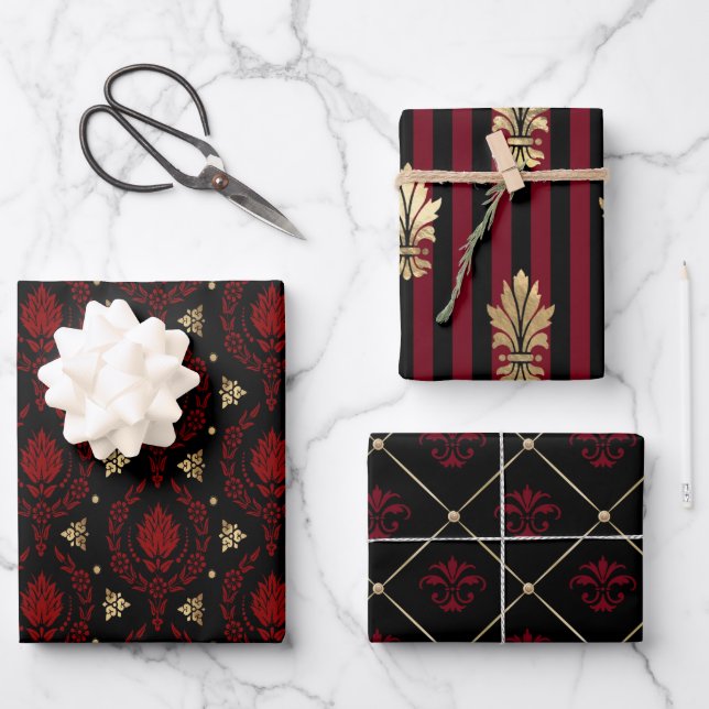 Elegantes Vintages Rot-, Schwarz- und Goldmuster Geschenkpapier Set (Vorderseite)