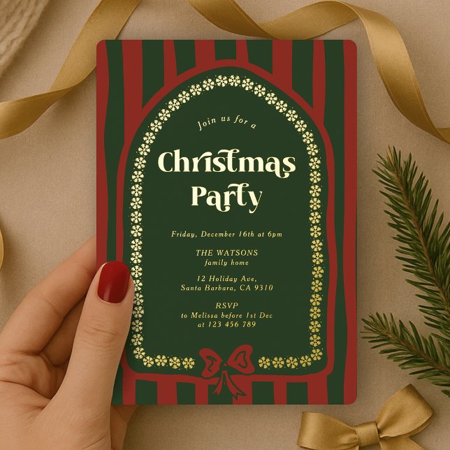 Elegantes Vintages Rotes Grün Weihnachtsessen Part Folieneinladung (Elegant gold foil Christmas Party Invitation with stripe background in red and green)