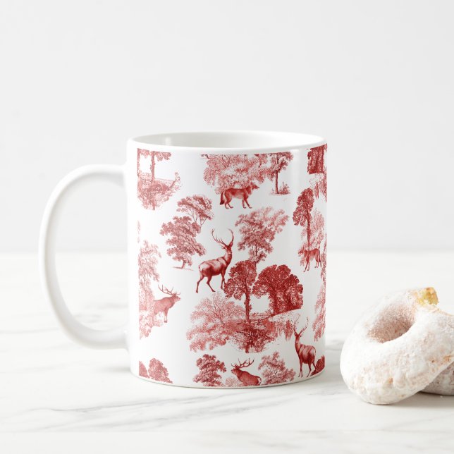 Elegantes Vintages Rotes Toile Deer in Woodland Kaffeetasse (Mit Donut)