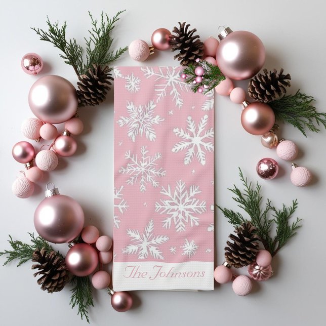 Elegantes Vintages Schneeflocken-Muster Weihnachte Geschirrtuch (Elegant Vintage Pink Snowflakes pattern Christmas Kitchen Towel)