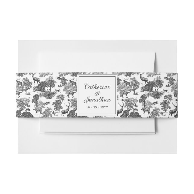 Elegantes Vintages Schwarz-weißes Hirschmuster Einladungsbanderole (Vorderseite Beispiel)