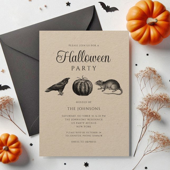 Elegantes Vintages Schwarzes KürbisHalloween Einladung (Elegant Vintage Black Pumpkin Halloween Invitation)