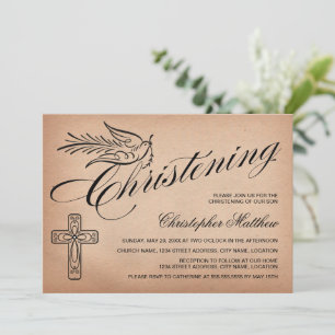 Elegantes Vintages Script Cross and Dove Christeni Einladung